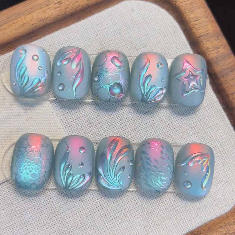 Nail Art Fake Nails - 10 szt. Ocean Secret Realm Niebieskie