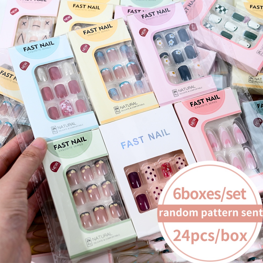 Nail Art Fake Nails - 6 pudełek/zestaw Krótkie Kwadratowe Sztuczne Paznokcie