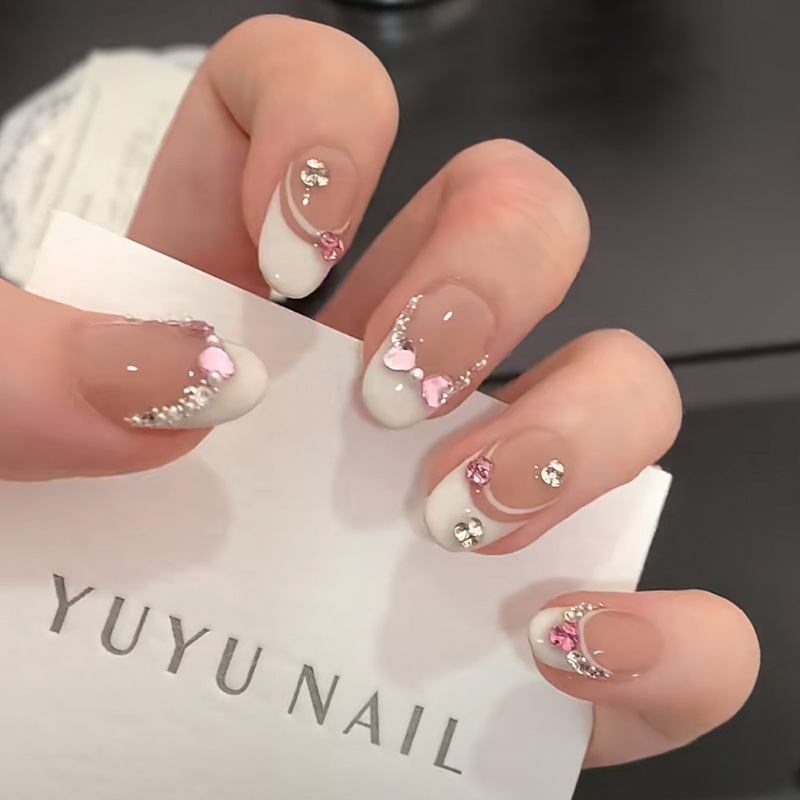 Nail Art French Nails - 10 szt. Białe Francuskie Różowe Serduszka