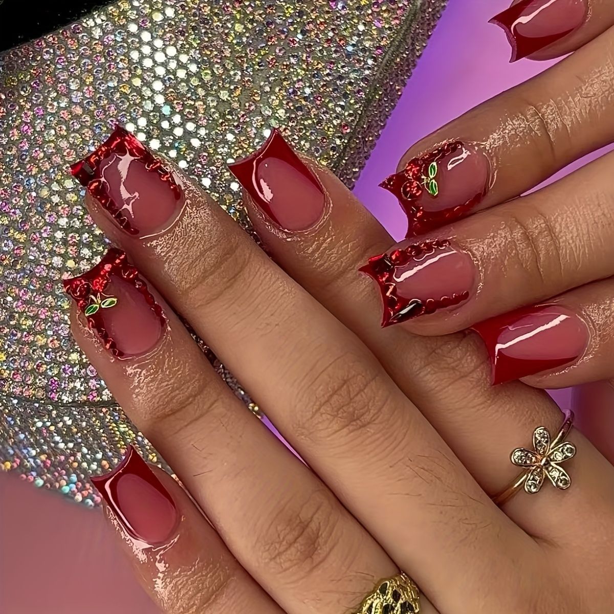 Nail Art Red - 24 szt. Gotowe sztuczne paznokcie francuski