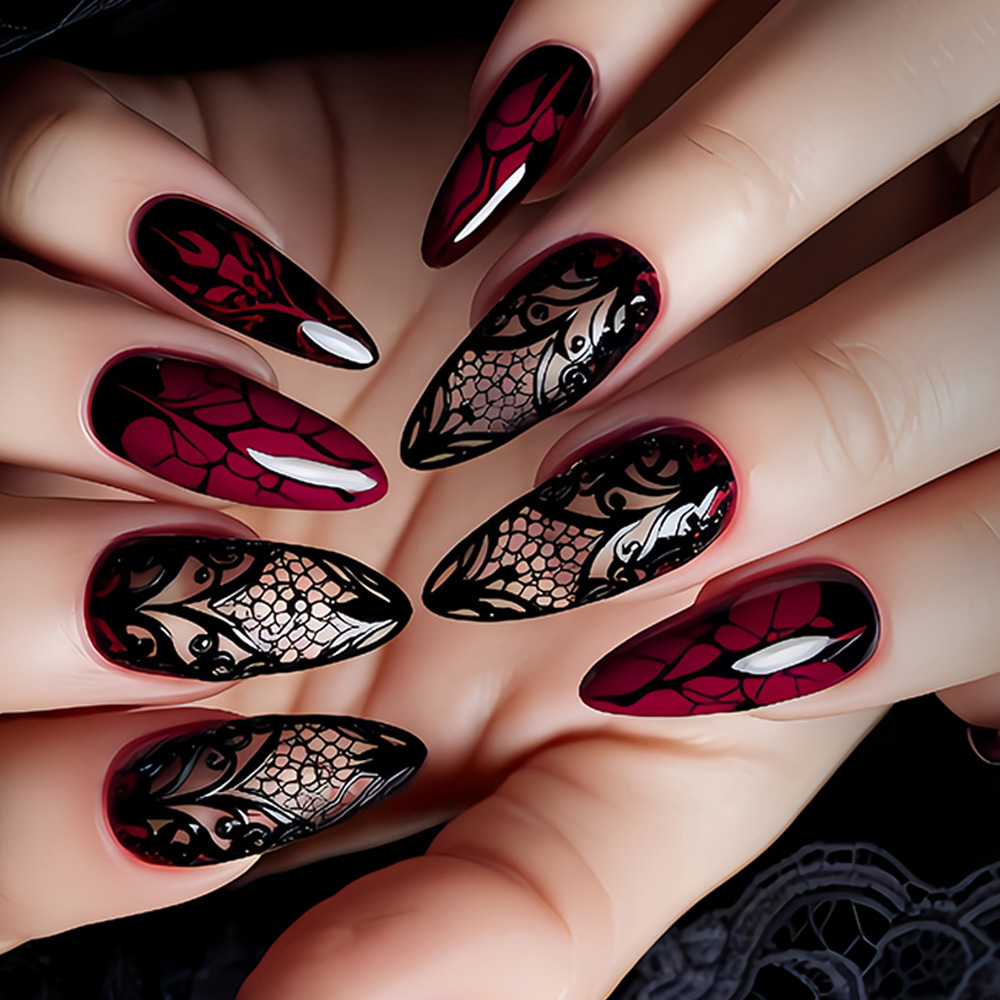 Nail Art Red - Średnie sztuczne paznokcie dla kobiet, ciemnoczerwone,